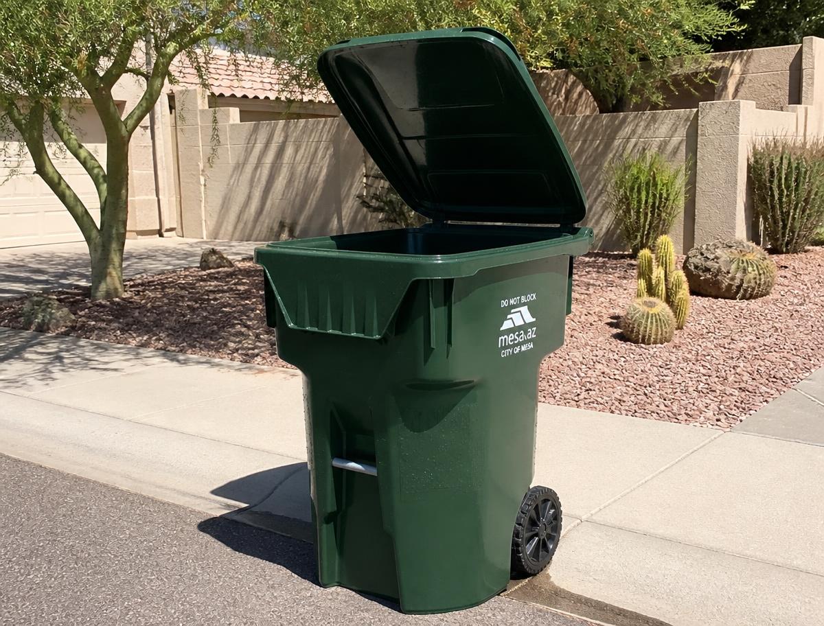 The same Phoenix curbside trash bin after cleaning, glossy and spotless inside and out