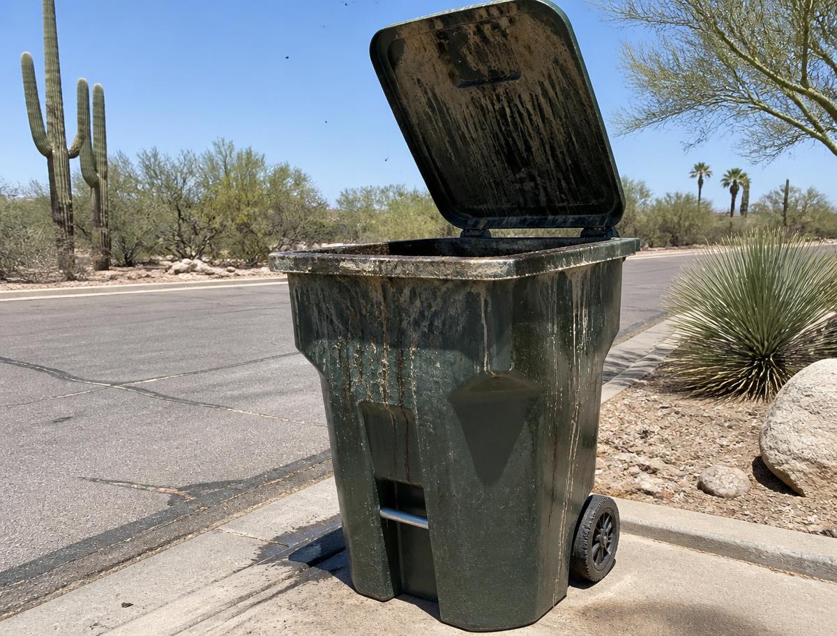 A grimy dark green Phoenix curbside trash bin caked with residue before cleaning