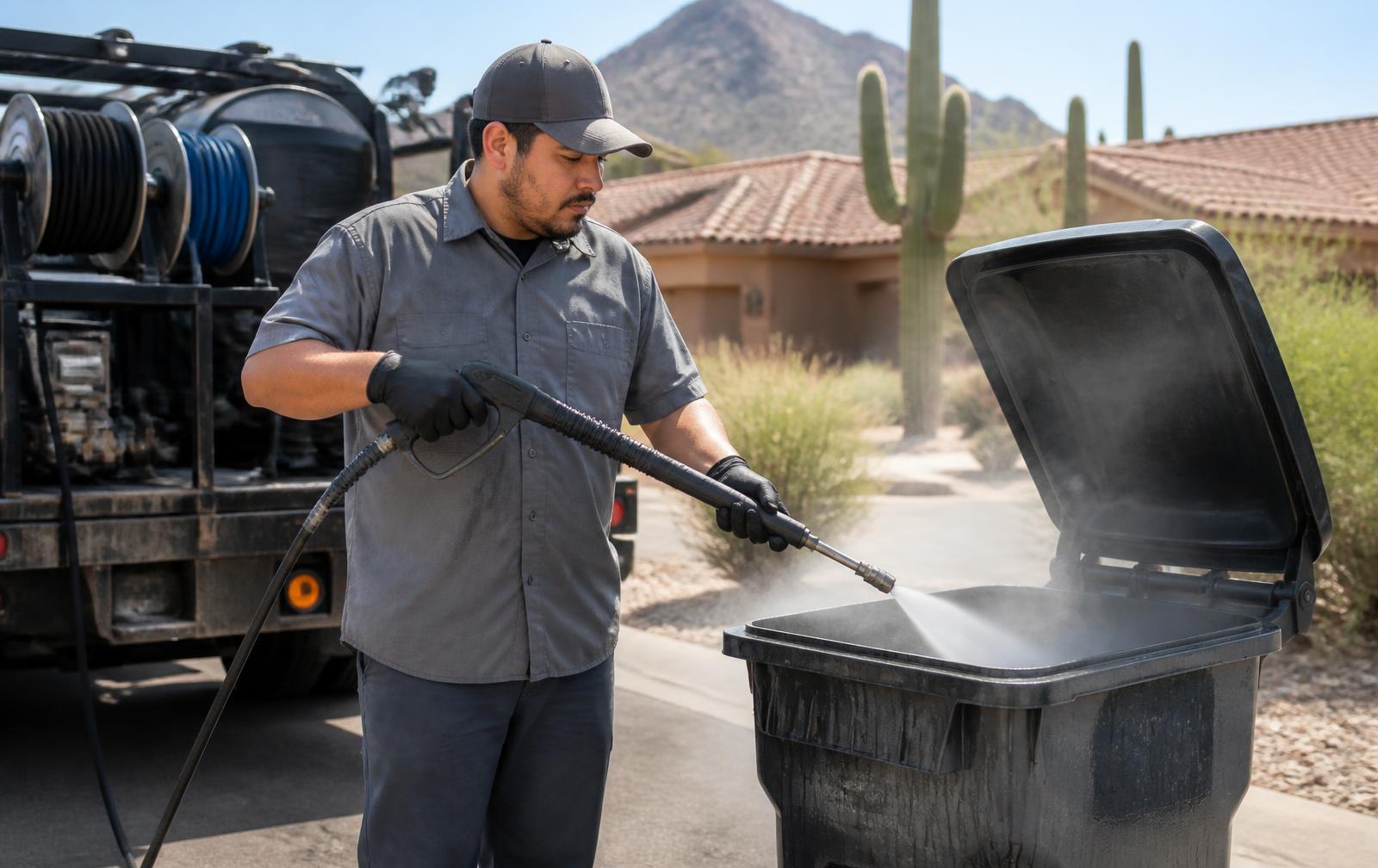 A technician in work clothes blasting the inside of an open trash bin with a hot water pressure wand in a Phoenix desert neighborhood